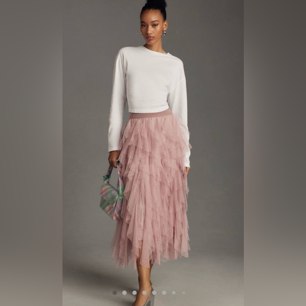 NWT The Chéri Ruffled Tulle Midi Skirt by Anthropologie Size Small, Rose